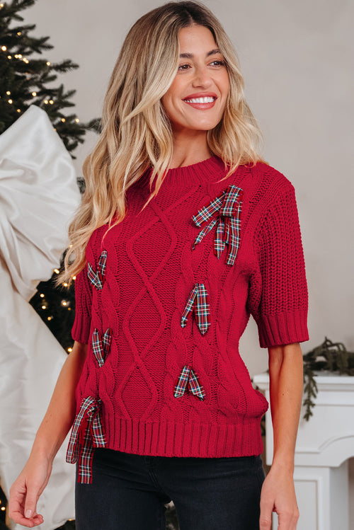 Christmas Plaid Lace-Up Puff Sleeve Sweater