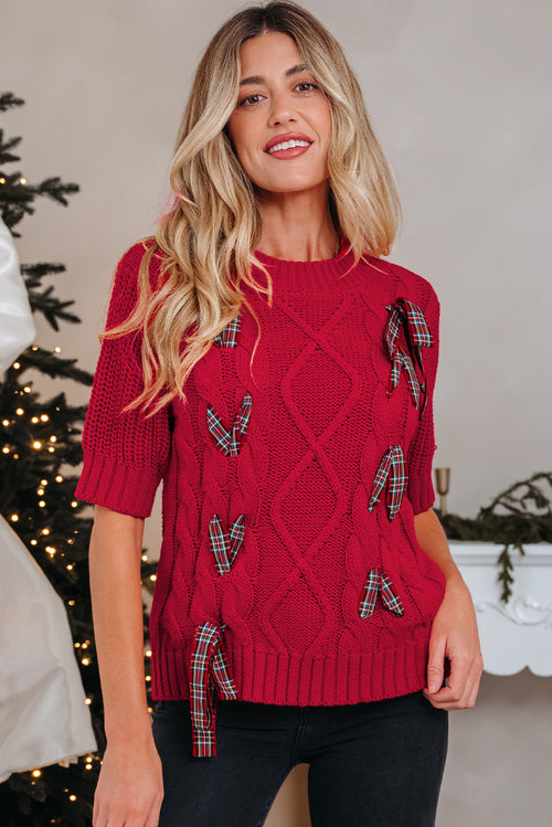 Christmas Plaid Lace-Up Puff Sleeve Sweater