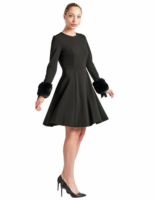 Caroline Dress - Long Sleeve Fit & Flare Black Dress with Faux Fur