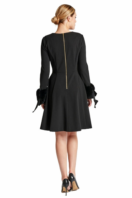 Caroline Dress - Long Sleeve Fit & Flare Black Dress with Faux Fur