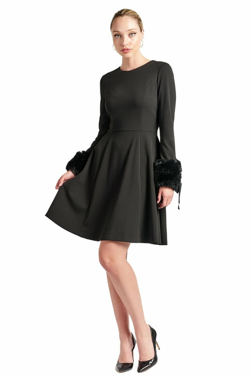 Caroline Dress - Long Sleeve Fit & Flare Black Dress with Faux Fur