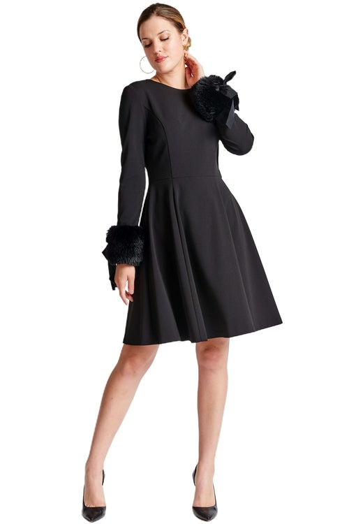 Caroline Dress - Long Sleeve Fit & Flare Black Dress with Faux Fur