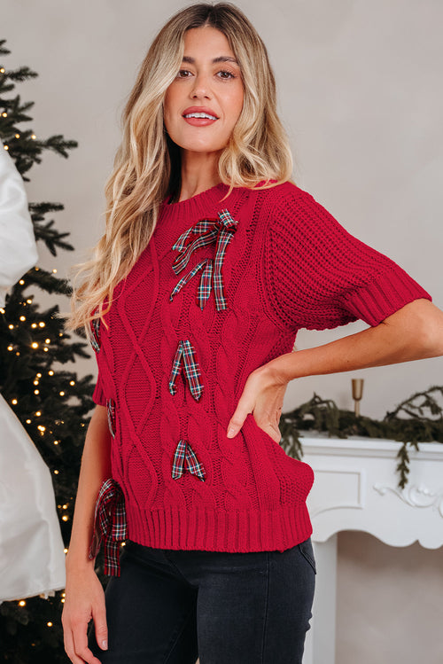 Christmas Plaid Lace-Up Puff Sleeve Sweater